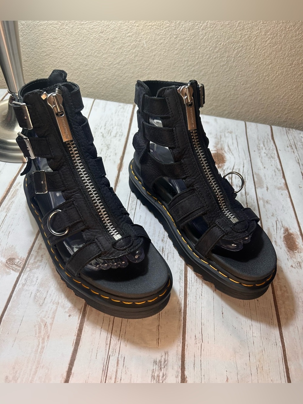 Dr. Martens Gladiator Sandals Olson Zip Front Black Leather Silver Accents - Picture 4 of 9